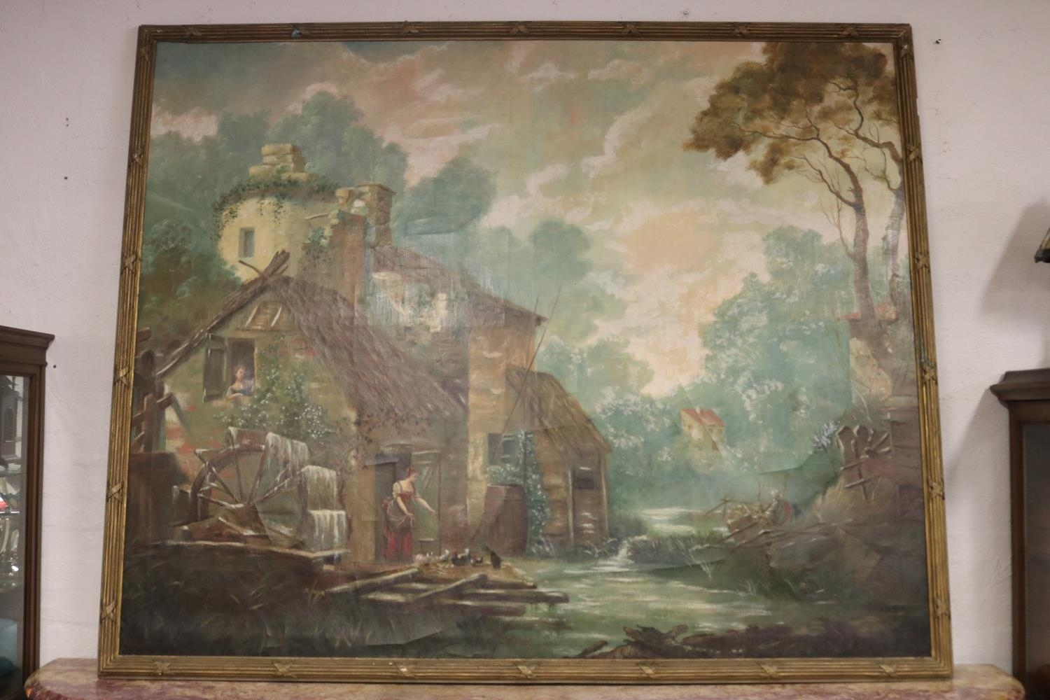 Large antique  watermill and cottage in a rural landscape by French School, 18th Century