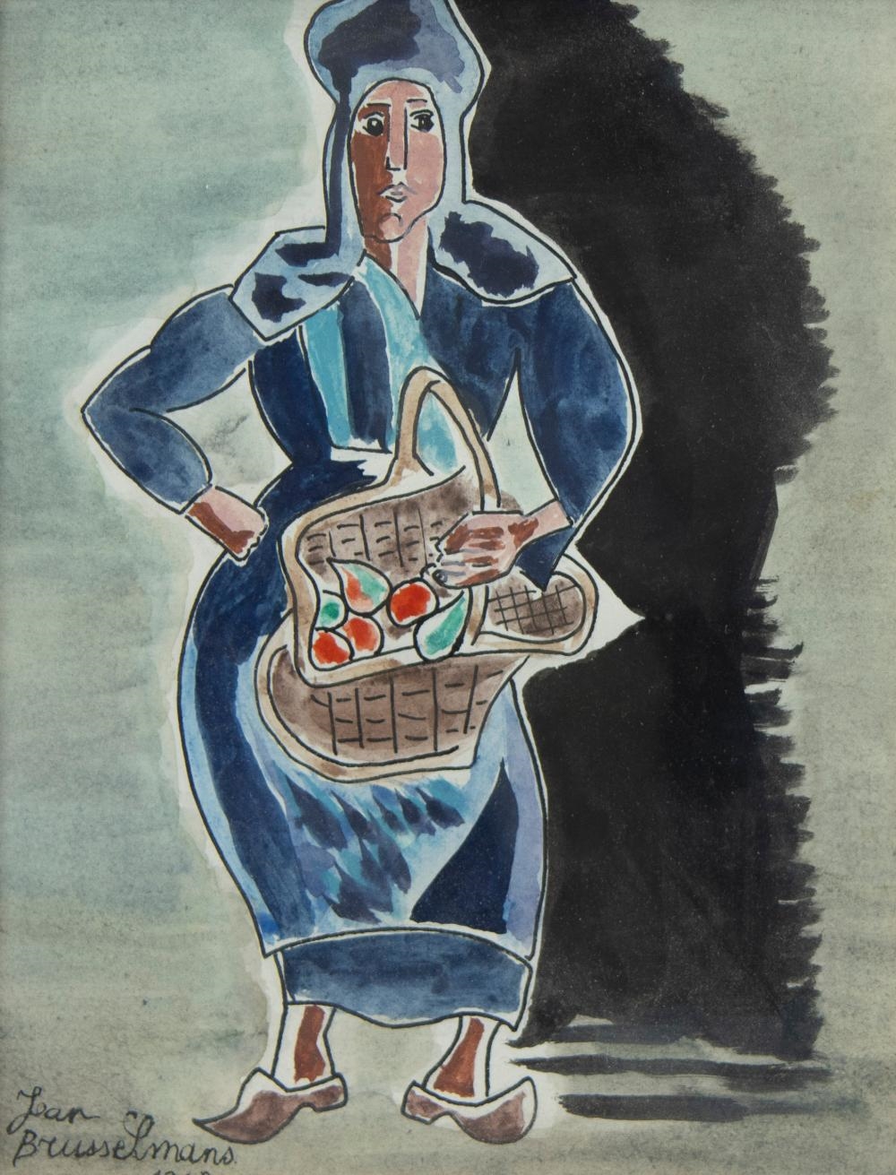 watercolour and ink Woman with fruit basket - Jean Brusselmans