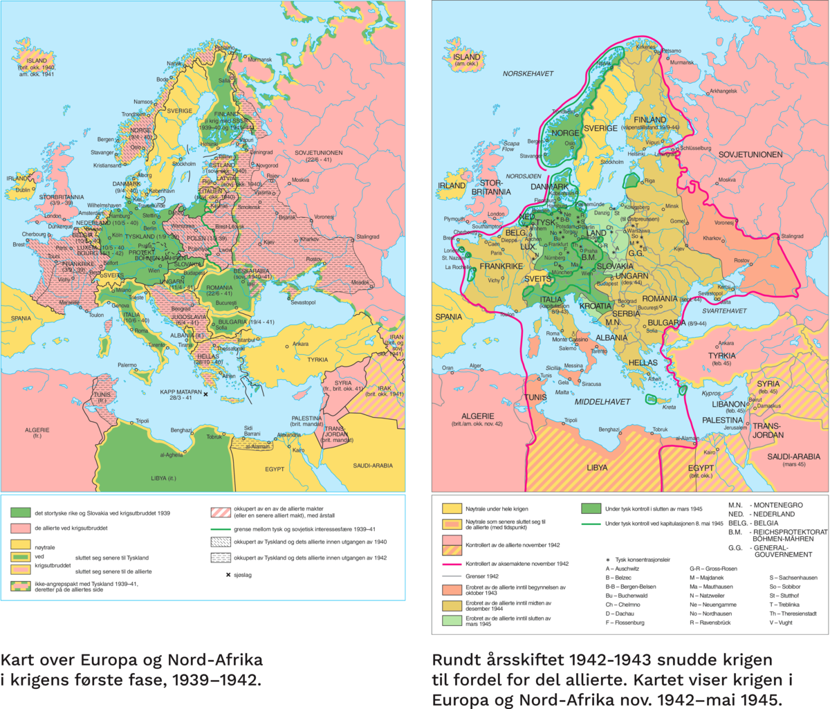 To kart over Europa og Nord-Afrika under andre verdenskrig. Landene har ulike farger etter hvilken allianse de tilhører. Det første kartet viser krigens første fase, fra 1939 til 1942. Det andre kartet viser krigens siste fase, fra november 1942 til mai 1945. Rundt årsskiftet 1942-1943 snudde krigen til fordel for de allierte. 