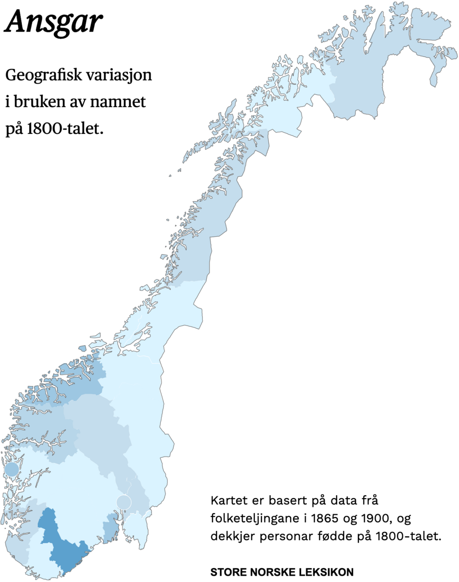 Geografisk variasjon i bruk av namnet Ansgar på 1800-talet.