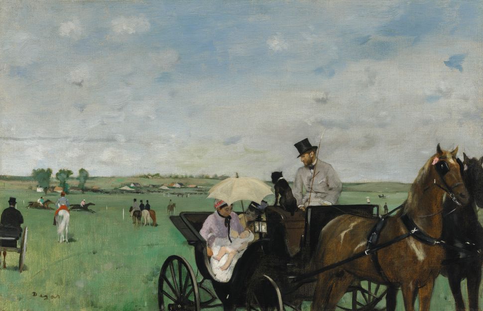 A painting of a group of people in a horse-drawn carriage in front of a grassy field