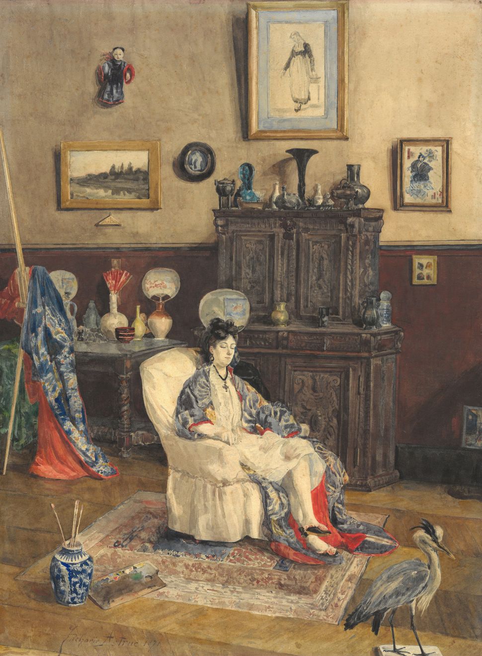 A painting of a woman asleep in a chair in a well-decorated room