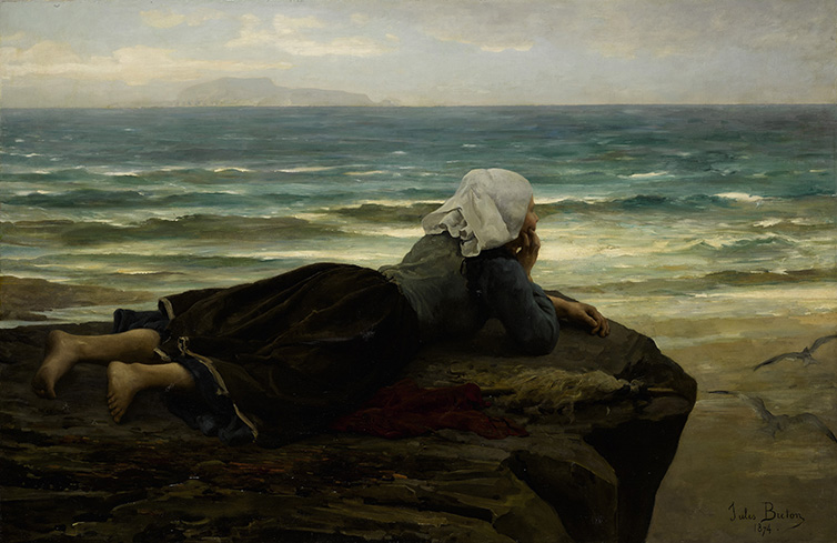 A painting of a woman laying stomach down on a rock in front of a shortline