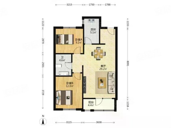 万科鹿特丹2室2厅1卫92.05㎡南北125万