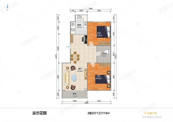 豪景花园2室2厅1卫117.77㎡南北118万