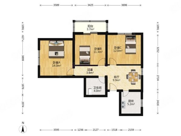 六合园3室1厅1卫97.56㎡西北332万