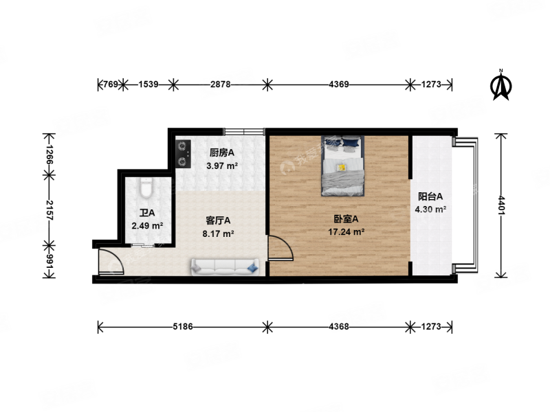 春风胡同小区1室1厅1卫43.02㎡东349万