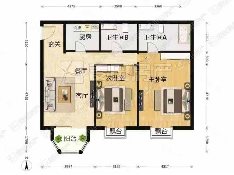 一瓶2室2厅2卫125.52㎡南1860万