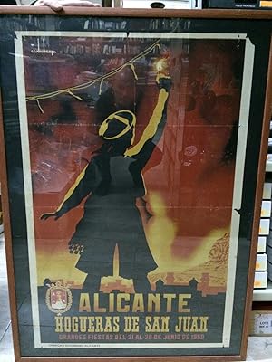 CARTEL DE HOGUERAS DE SAN JUAN - ALICANTE 1950 - ILUSTRADO POR CARLOS BAEZA - ENMARCADO