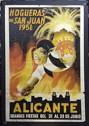 CARTEL DE HOGUERAS DE SAN JUAN - ALICANTE 1951 - ILUSTRADO POR OTILIO - ENMARCADO