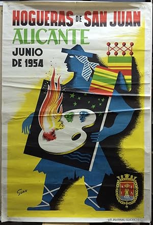 CARTEL DE HOGUERAS DE SAN JUAN - ALICANTE 1954 - ILUSTRADO POR SUAU