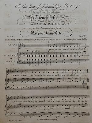 Oh the Joy of Friendship's Meeting French Air Chant Piano ou Harpe ca1820