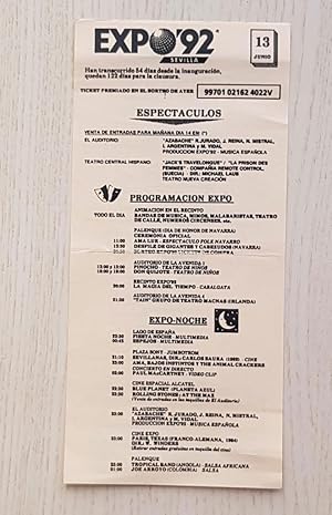 PROGRAMA EXPO 92. PROGRAMACIÓN ESPECTÁCULOS DÍA 13 JUNIO