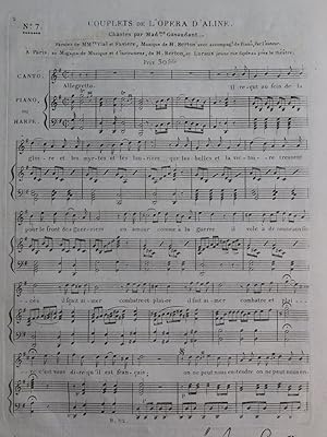 BERTON H. Couplets de l'Opéra d'Aline Chant Piano ou Harpe ca1820