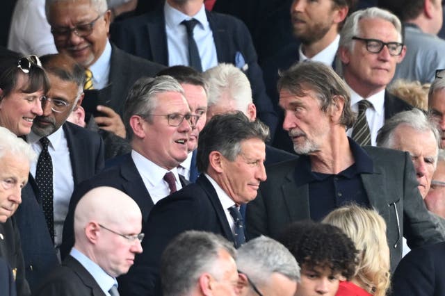 <p>Sir Keir Starmer watches Manchester United with the team’s co-owner Sir Jim Ratcliffe</p>