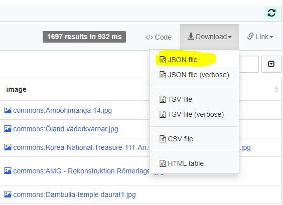 Screenshot of the Wikidata query interface with the 