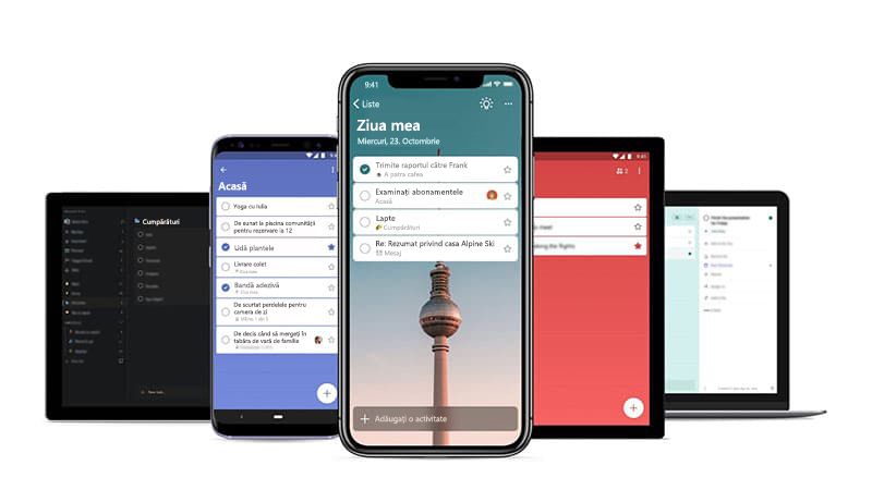 Un telefon și un tabel care afișează ecranul Ziua mea din Microsoft To-Do