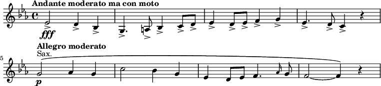 
{
	\clef treble \key c \minor \time 4/4
	\set Score.tempoHideNote = ##t
	\tempo "Andante moderato ma con moto" 4 = 70
	es'2-> \fff d'4-> bes->
	g4.-> a8-> bes4-> c'8-> d'8->
	es'4-> d'8-> es'-> f'4-> g'->
	es'4.-> d'8-> c'4-> r
	\break
	\set Score.tempoHideNote = ##t
	\tempo "Allegro moderato" 4 = 116
	g'2^"Sax."\( \p as'4 g'
	c''2 bes'4 g'
	es'4 d'8 es'8 f'4. \grace as'16 g'8
	f'2~ f'4\) r4
}
