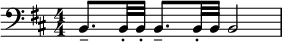  \relative c { \clef bass \key b \minor \numericTimeSignature \time 4/4 b8.-- b32-. b-. b8.-- b32-. b b2 } 