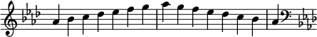   {
\override Score.TimeSignature #'stencil = ##f
\relative c'' {
  \clef treble \key aes \major \time 7/4 aes4 bes c des es f g aes g f es des c bes aes
  \clef bass \key aes \major
} }

