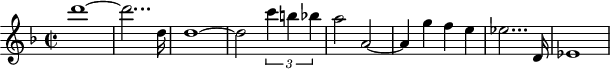 
\header {
  tagline = ##f
}

\score {
  \new Staff \with {

  }
<<
  \relative c'' {
    \clef treble
    \key f \major
    \time 2/2
    \tempo 2 = 55
    %\autoBeamOff
    \set Staff.midiInstrument = #"string ensemble 1"

     %%%%%%%%%%%%%%%%%%%%%%%%%% AB 9-1 th1
     d'1~ d2... d,16 d1~ d2 \times 2/3 { c'4 b! bes } a2 a,2~ a4 g' f e ees2... d,16 ees1

  }
>>
  \layout {
    \context { \Score \remove "Metronome_mark_engraver"
    }
  }
  \midi {}
}
