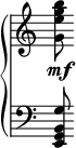  {
\override Score.TimeSignature #'stencil = ##f
{ \new PianoStaff <<
  \new Staff { \set Score.tempoHideNote = ##t \tempo 8 = 30 \clef treble <g' e'' g'' b''>8\mf } 
  \new Staff { \clef bass <e, g, b, g>8 }
>> } }
