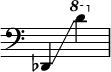 
{
    \override Score.SpacingSpanner.strict-note-spacing = ##t
    \set Score.proportionalNotationDuration = #(ly:make-moment 1/8)
    \override Score.TimeSignature #'stencil = ##f
    \relative c {
        \time 2/4
        \clef bass
        \ottava #0 des,4 \glissando \ottava #1 d'''
    }
}
