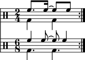 
{
       \relative c' <<
        \new Staff <<
           \new voice {
              \clef percussion
              \time 2/4
              \set Score.tempoHideNote = ##t \tempo 4 = 100
              \stemDown \repeat volta 2 { g4 g }
       }
          \new voice {
              \set Score.tempoHideNote = ##t \tempo 4 = 100
              \time 2/4
              \stemUp \repeat volta 2 { f'8.[ f16]^~ f8[ f8] } \bar ":|."
       } >>
       \new Staff <<
          \new voice {
              \clef percussion
              \time 2/4
              \set Staff.timeSignatureFraction = 6/8
              \scaleDurations 2/3 {
                 \set Score.tempoHideNote = ##t \tempo 8 = 100
                 \stemDown \repeat volta 2 { g,4. g }
              }
       }
          \new voice \relative c' {
              \time 2/4
              \set Staff.timeSignatureFraction = 6/8
              \scaleDurations 2/3 {
                 \set Score.tempoHideNote = ##t \tempo 4 = 100
                 \stemUp \repeat volta 2 { f4 f8^~ f f4 } \bar ":|."
              }
       } >>
  >> }
