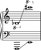  \new PianoStaff <<
  \new Staff = "right" \with {\remove "Time_signature_engraver"} {\time 2/1
    \ottava #-1 bes,1 \glissando \ottava #1 cis''''1
  }
  \new Staff = "left" \with {\remove "Time_signature_engraver"} {
    \clef bass
    f,,1 \glissando e,1
  } >> 