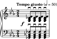  { \new PianoStaff << \new Staff \relative c' { \set Staff.midiInstrument = #"violin" \clef treble \key ees \major \time 2/4 \tempo "Tempo giusto" 2 = 50 <ees des bes g>8\downbow[ <ees des bes g>\downbow <ees des bes g>\downbow <ees des bes g>\downbow] } \new Staff \relative c { 
 \override DynamicText.X-offset = #-4 
 \override DynamicLineSpanner.staff-padding = #3.5
\set Staff.midiInstrument = #"cello" \clef bass \key ees \major \time 2/4 <fes ces aes fes>8^\f\downbow[ <fes ces aes fes>\downbow <fes ces aes fes>\downbow <fes ces aes fes>\downbow] } >> } 