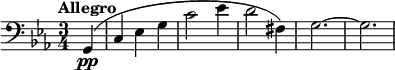 
\relative c {
 \clef bass
 \key c \minor
 \time 3/4
 \tempo "Allegro"
 \set Staff.midiInstrument = #"cello"
 \set Score.tempoHideNote = ##t \tempo 2. = 80
 \partial 4 g(\pp | c ees g | c2 ees4 | d2 fis,4) | g2.~ | g2.
}
