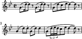 
\header { tagline = ##f }
\score {
  \new Staff \with{ \magnifyStaff #4/5 }{
    \key g \minor
    \once \omit Score.MetronomeMark
    \tempo 4 = 112
    \time 2/2
    \override Score.SpacingSpanner #'common-shortest-duration = #(ly:make-moment 1 8)
    \new Voice {
      \relative c'' {g8.( d'16 d8) r g,8.( d'16 d8) r g,8( d' c ees d4)~d8 r g,4( d'8) d\staccato g,8( d'8) d4 g,8( \tuplet 3/2 {d'16 ees d} c8 ees d4~d8) r}
    }
  }
  \layout {indent = 0\mm line-width = 70\mm}
  \midi {}
}
