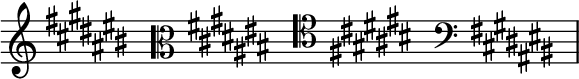 { \new Staff \with{ \magnifyStaff #3/2 } << \time 4/16 \override Score.TimeSignature #'stencil = ##f { \clef treble \key ais \minor s16 \clef alto \key ais \minor s16 \clef tenor \key ais \minor s16 \clef bass \key ais \minor s16 } >> }