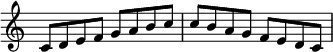 \new Staff \with {\remove "Time_signature_engraver"} {\key c \major \set Score.tempoHideNote = ##t
c'8    d'8    e'8    f'8    g'8    a'8    b'8    c''8
c''8    b'8    a'8    g'8    f'8    e'8    d'8    c'8 }