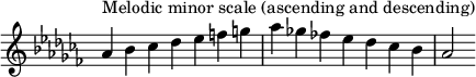  {
\override Score.TimeSignature #'stencil = ##f
\relative c'' {
  \clef treble \key aes \minor \time 7/4
  aes4^\markup { Melodic minor scale (ascending and descending) } bes ces des es f g aes ges! fes! es des ces bes aes2
} }
