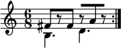 
\new Staff <<
 \new voice \relative c' {
  \clef treble
  \time 6/8
  \set Score.tempoHideNote = ##t \tempo 4. = 80
  \stemDown \repeat volta 2 { b4. d }
  }
  \new voice \relative c' {
  \stemUp \repeat volta 2 { fis8[ r fis] r[ a r] }
  }
>>
