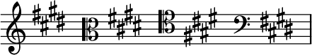 { \new Staff \with{ \magnifyStaff #3/2 } << \time 4/16 \override Score.TimeSignature #'stencil = ##f { \clef treble \key cis \minor s16 \clef alto \key cis \minor s16 \clef tenor \key cis \minor s16 \clef bass \key cis \minor s16 } >> }