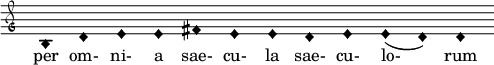  { \clef "petrucci-g" \override Staff.TimeSignature #'stencil = ##f \set Score.timing = ##f \override Voice.NoteHead #'style = #'harmonic-black b1 d'1 e'1 e'1 fis'1 e'1 e'1 d'1 e'1 e'1 (d'1) d'1 } \addlyrics { per om- ni- a sae- cu- la sae- cu- lo- rum } 