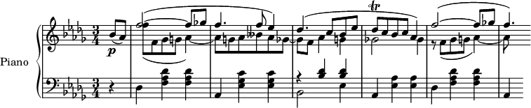 
\version "2.14.2"
\header {
  tagline = ##f
}
upper = \relative c'' {
  \clef treble 
  \key des \major
  \time 6/8
  \tempo 4 = 108
  \tempo "Moderato"
  %\autoBeamOff

  \partial 4 bes8(\p aes) 
  << { f'2~( f8 ges! f4. f8 ees4) des4.( c8 bes ees des\trill c bes c aes4) } \\ { f'8( f, ges g! aes4~) aes8 g! aes beses aes ges~ ges f aes4 g! ges!2 ges4 } >>
  << { f'2~( f8 ges! f4. ) } \\ { r8 f,( ges g! aes4~) aes8 } >>

}

lower = \relative c {
  \clef bass
  \key des \major
  \time 3/4
    
  \partial 4 r4 des4 \repeat unfold 2 {< des' aes f > }
  aes,4 \repeat unfold 2 {< c' ges ees > }
  << { r4 < des bes >4 < des bes > } \\ { bes,2 ees4 } >>
  aes,4 \repeat unfold 2 {< ees' aes > }
  des4 \repeat unfold 2 {< des' aes f > }
  aes,4 
   
}

\score {
  \new PianoStaff <<
    \set PianoStaff.instrumentName = #"Piano"
    \new Staff = "upper" \upper
    \new Staff = "lower" \lower
  >>
  \layout {
    \context {
      \Score
      \remove "Metronome_mark_engraver"
    }
  }
  \midi { }
}
