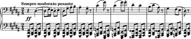 
{\new PianoStaff << 
\new Staff  \relative c'
{\clef bass \key gis\minor \set Score.tempoHideNote=##t \time 2/4 \tempo "Sempre moderato pesante"4=46 \override DynamicLineSpanner.staff-padding = #2.5 r4_\ff dis,4 ~(dis8 fis16 e16) dis8-- e8-- dis8-- gis8-- ais8-- b8-- ais4-- gis8-- r8 cis4-- (gis'8) r8 cis,4-- (gis'8) gis8-- dis4-- cis4-- b8 (dis8 ais8) r8 gis4 fis8 (e8 dis8) r8}
\new Staff \relative c{\clef bass \time 2/4 \key gis\minor
\repeat unfold 8{<gis, dis' gis>8-- <b dis b'>8}
\repeat unfold 2 {<a cis a'>8 <cis e cis'>8 <e, gis e'>8 <gis b gis'>8} <fisis ais fisis'>8 <ais dis ais'>8 <fisis ais fisis'>8 <ais dis ais'>8  <gis dis' gis>8 <b dis b'>8 <fisis ais fisis'>8 <ais cis ais'>8 
<gis b gis'>8 <b dis b'>8 <a cis a'>8 <cis e cis'>8 <gis dis' gis>8 <b dis b'>8}
>>}
