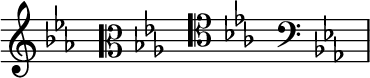 { \new Staff \with{ \magnifyStaff #3/2 } << \time 4/16 \override Score.TimeSignature #'stencil = ##f { \clef treble \key c \minor s16 \clef alto \key c \minor s16 \clef tenor \key c \minor s16 \clef bass \key c \minor s16 } >> }