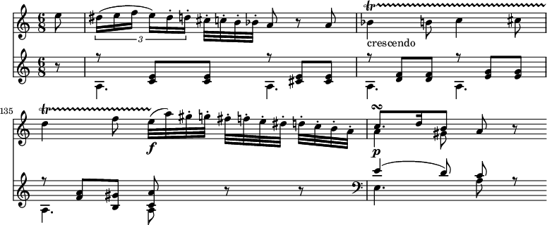 
<<
\relative a''
\new Staff {
\key a \minor
\time 6/8
\set Score.tempoHideNote = ##t
\tempo 8 = 120
\partial 8
e8
\set Score.currentBarNumber = #133
\tuplet 3/2 { dis16 (e  f  e) [ dis-. d-. ] }
cis32-. c-. b-. bes-.
a8 r a  bes4_"crescendo" \startTrillSpan b8
c4 cis8 
d4 f8  e32\f  \stopTrillSpan (a32) gis-. g-. fis-. [f-. e-. dis-.] d-. [ c-. b-. a-.]
 <<
      {
        \voiceOne
        c8.\p\turn d16 b8
      }
      \new Voice {
        \voiceTwo
        a4 gis8
      }
    >>
    \oneVoice
a8 r8
}
\new Staff {
\set Staff.midiInstrument = #"fortepiano"
\set Staff.midiMaximumVolume = #0.3
r8
 <<
      {
        \voiceOne
r8 <c' e'>8 <c' e'>8  r8 <cis' e'>8 <cis' e'>8  r8 <d' f'>8 <d' f'>8  r8 <e' g'>8 <e' g'>8  r8 <f' a'>8 <b gis'>8 <c' a'>8
      }
      \new Voice {
        \voiceTwo
a4. a a a
a a8
      }
    >>
\oneVoice
r8 r8
 <<
      {
        \voiceOne
e'4 (d'8) c' r
      }
      \new Voice {
        \voiceTwo
\clef "bass"
e4. a8
      }
    >>
}
>>
