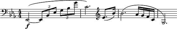  \relative c { \set Staff.midiInstrument = #"french horn" \clef bass \numericTimeSignature \time 4/4 \key ees \major ees,2\f(~ \times 2/3 { ees8 bes' ees } \times 2/3 { g bes g' } | c,2.) \clef treble ees8.( bes'16) | bes2.( aes16 g f c | g2.) } 