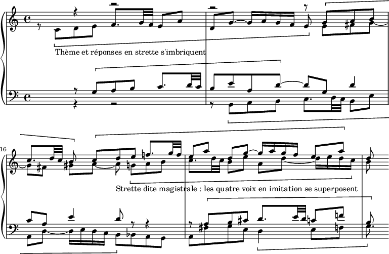 
\version "2.18.1"
\header {
  tagline = ##f

}
global = { \time 4/4 \key c \major \tempo 4 = 62 \set Score.currentBarNumber = #14 }

tenor = \relative c' {
  \voiceTwo
	r8 \[ c-"Thème et réponses en strette s'imbriquent" d e \stemUp f8. g32 f e8 a |
	\barNumberCheck #15
	d, g^~ g16 a g f e8 \] \stemDown e[fis g] ~ |
	g8[fis] gis[a] ~ a-"Strette dite magistrale : les quatre voix en imitation se superposent" \[ g! [a b] |
	c8. d32 c b8[e] a,[d] ~ d16 e d c \] |
	b8
}

soprane = \relative c' {
  \voiceOne
	s4 r r2 |
	\barNumberCheck #15
	r r8 \[ g' [a b] |
	c8. d32 c b8 \] \[ c [d e] f!8. g32 f |
	e8[a] d,[g] ~ g16 a g f e8 a \] |
	d,
}

alt = \relative c {
  \voiceOne
	s4 r8 \[ g' [a b] c8. d32 c |
	\barNumberCheck #15
	b8[ e a, d]~ \] d[g,] d'4 |
	c8[a] e'4 d8 r r4 |
	r8 \[ a [b cis] d8. e32 d c!8 f! |
	b,
}

bass = \relative c {
  \voiceTwo
	s4 r r2 |
	\barNumberCheck #15
	r8 \[ g[a b] c8. d32 c b8 e |
	a, d ~ d16 e d c b8 \] bes a g |
	a fis' g e \[ d4 e8 f! |
	g8.
}

\score {
  \new PianoStaff <<
    \new Staff <<
      \global
      \new Voice = "soprane" { \soprane }
      \new Voice = "tenor" { \tenor }
    >>
    \new Staff <<
      \global
      \clef "bass"
      \new Voice = "alt" { \alt }
      \new Voice = "bass" { \bass }
    >>
  >>

  \layout {
      indent = #0
    \context {
      \Score
      \remove "Metronome_mark_engraver"
    }
  }
  \midi { }
}
