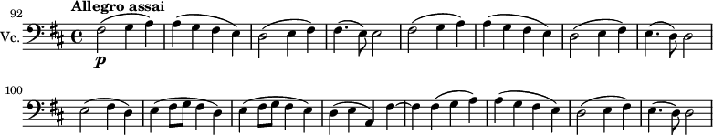 \relative c{\set Staff.instrumentName=#"Vc."\set Staff.midiInstrument=#"cello"\set Score.currentBarNumber=#92 \time 4/4\key d \major\clef bass \tempo "Allegro assai"2=60\set Score.tempoHideNote=##t\bar""fis2\p(g4a)a(g fis e)d2(e4fis)fis4.(e8)e2fis(g4a)a(g fis e)d2(e4fis)e4.(d8)d2e(fis4d)e(fis8g fis4d)e(fis8g fis4e)d(e a,)fis'~fis fis(g a)a(g fis e)d2(e4fis)e4.(d8)d2}