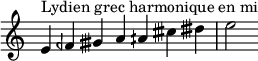  {
\override Score.TimeSignature #'stencil = ##f
\relative c' { 
  \clef treble \time 7/4
  e4^\markup { Lydien grec harmonique en mi } feh gisih a aih cisih disih e2
}}
