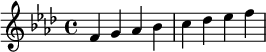  \relative c' { \clef treble\key f \minor f g as bes | c des es f } 