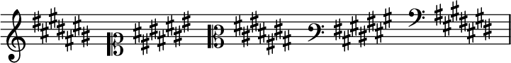 { \new Staff \with{ \magnifyStaff #3/2 } << \time 5/16 \override Score.TimeSignature #'stencil = ##f { \clef french \key cis \major s16 \clef soprano \key cis \major s16 \clef mezzosoprano \key cis \major s16 \clef varbaritone \key cis \major s16 \clef subbass \key cis \major s16  } >> }