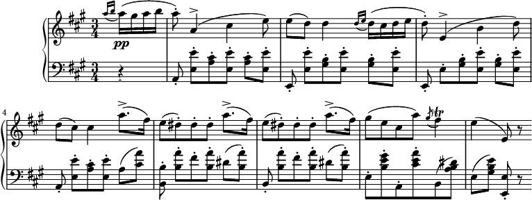 
\version "2.14.2"
\header {
  tagline = ##f
}
upper = \relative c'' {
  \clef treble 
  \key a \major
  \time 3/4
  \tempo 4 = 102
    \set Staff.midiInstrument = #"violin"

  \partial 4
 \acciaccatura { a'16[ b] }
  a16\pp( gis a b
  a8-.) a,4^>( cis e8)
  e8( d) d4 \acciaccatura { d16[ e] }  d16( cis d e 
  d8-.) e,4^>( b' d8)
  d8( cis) cis4
  \repeat unfold 2 { a'8.->( fis16) e8[( dis-.) dis-. dis-.] } a'8.->( fis16)
  gis8( e cis a') \acciaccatura gis8( fis4)\trill % \startTrillSpan { \afterGrace e16[ fis]\stopTrillSpan }
  e4( e,8) r8

}

lower = \relative c {
  \clef bass
  \key a \major
  \time 3/4
    \set Staff.midiInstrument = #"pizzicato strings"
    
   \acciaccatura s8
   \partial 4
   r4
   a8-. < e'' e, >8-.[ \repeat unfold 2 { < cis a >8-. < e e, >8-.] }
   e,,8-. < e'' e, >8-.[ \repeat unfold 2 { < b gis >8-. < e e, >8-.] }
   e,,8-. e'8-.[ \repeat unfold 2 { < b' gis >8-. < e e, >8-.] }
   a,,8-. < e'' e, >8-.[ < cis a >8-. < e e, >8-.] a,( < a' cis, >8)
   < b, b, >8-. < a' b, >8-.[ fis-. < a b, >8-.] dis,( < a' b, >8-.)
   b,,8-. < a'' b, >8-.[ fis-. < a b, >8-.] dis,( < a' b, >8-.)
   e,8-. < gis' e b >8-. a,,8-. < a'' e cis >8-. b,,( < dis' b a >8)
   e,8[( < e' b gis >8)] < e, e, >8-. r8 \bar ":|"

}

\score {
  \new PianoStaff <<
    \set PianoStaff.instrumentName = #"Cordes"
    \new Staff = "upper" \upper
    \new Staff = "lower" \lower
  >>
  \layout {
    \context {
      \Score
      \remove "Metronome_mark_engraver"
    }
  }
  \midi { }
}
