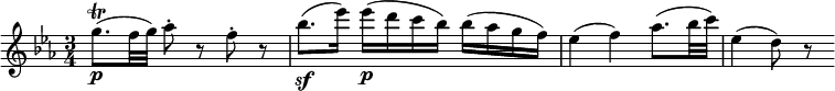  { \relative g'' { \key es \major \time 3/4
g8.( \trill \p f32 g) as8-. r f-. r | bes8.( \sf es16) es( \p d c bes) bes( as g f) |
es4( f) as8.( bes32 c) | es,4( d8) r}} 